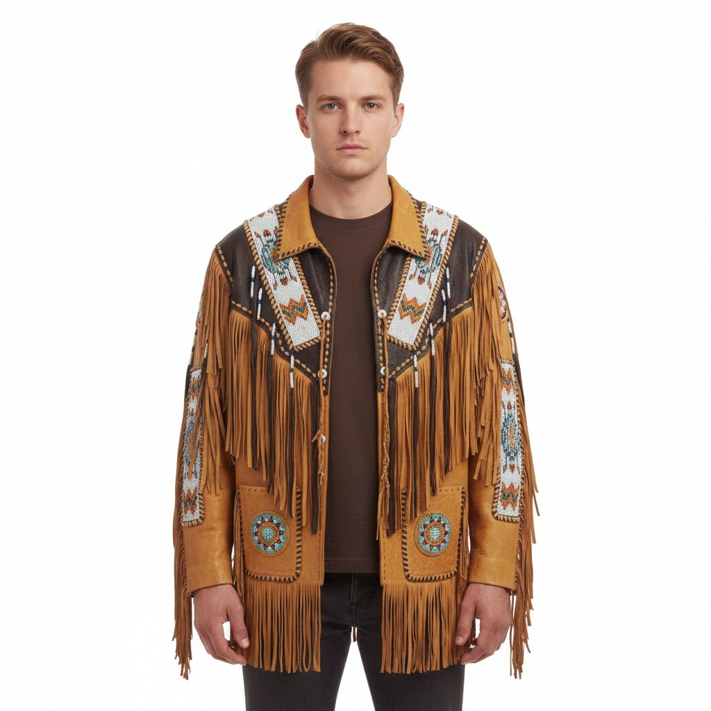 Man wearing a traditional fringed jacket with intricate patterns on a white background