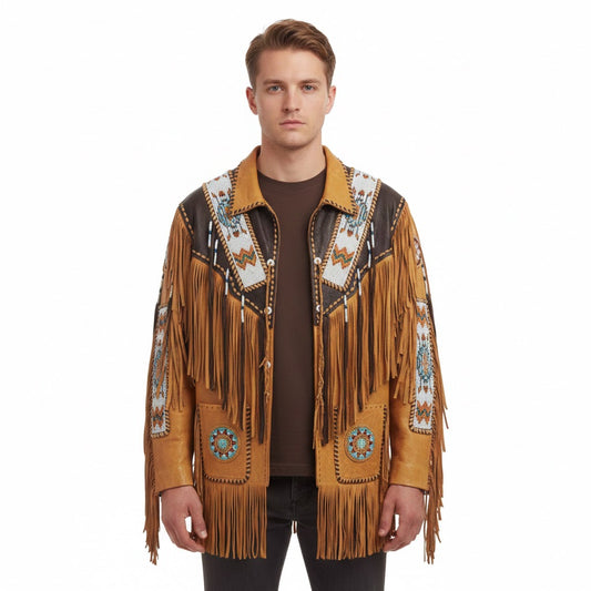 Man wearing a traditional fringed jacket with intricate patterns on a white background