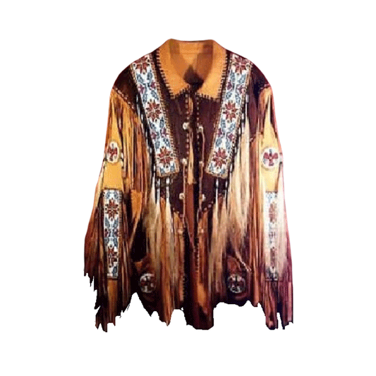 Western Native American Tan Brown Fringe Leather Beaded Jacket LWJ1040