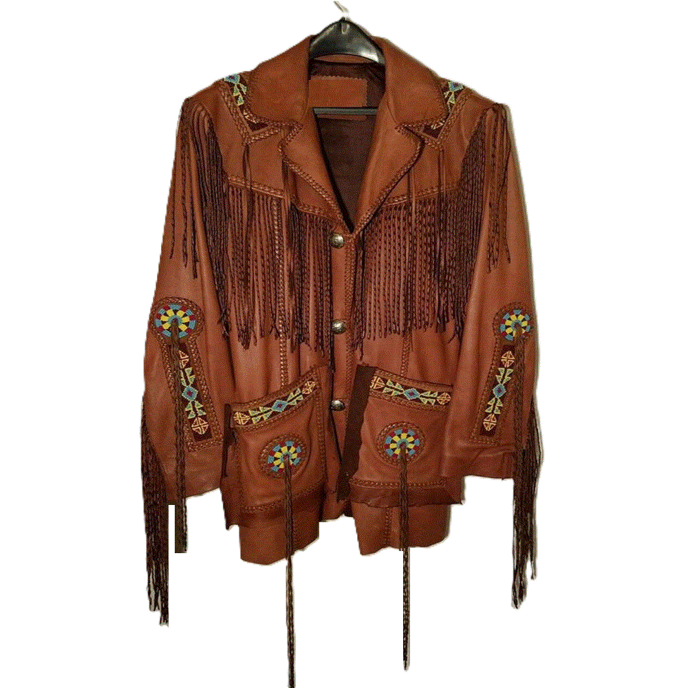 Western Fringe Beaded Jacket Brown Leather LWJ105