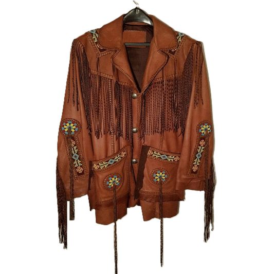 Western Fringe Beaded Jacket Brown Leather LWJ105