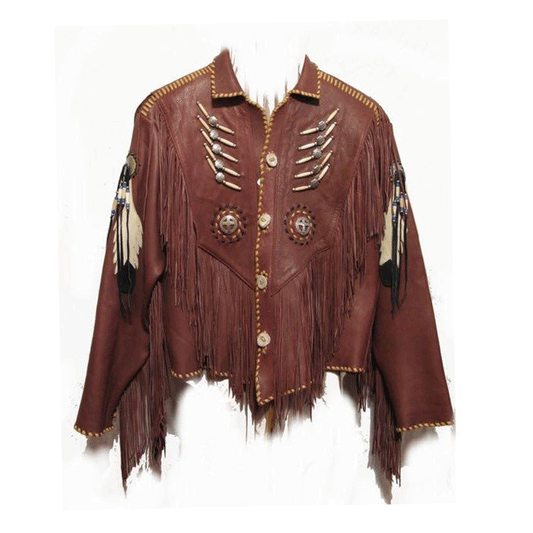 Western Fringe Beaded Jacket Brown Leather LWJ106