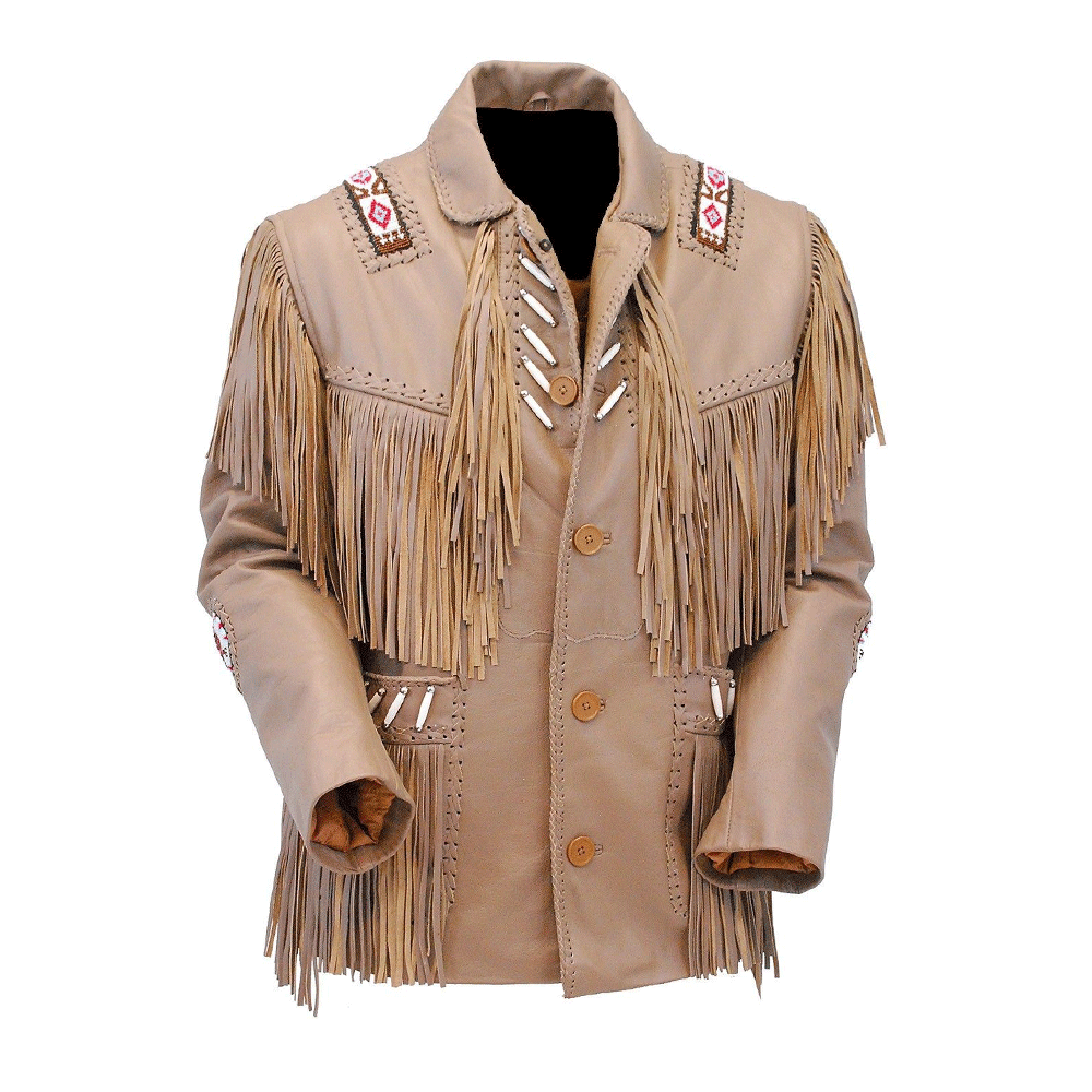 Western Fringe Beaded Beige Leather Jacket Cowboy Jacket LWJ5070