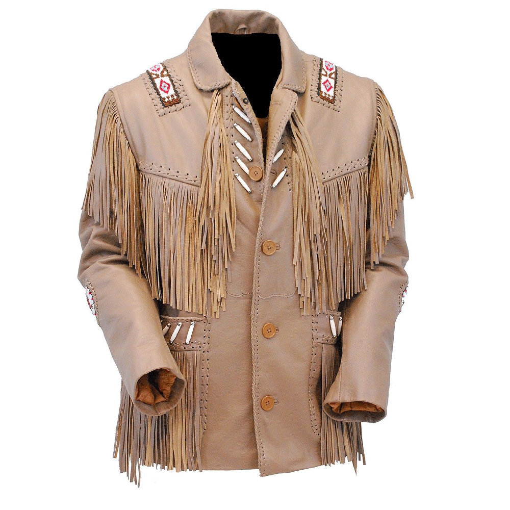 Western Fringe Beaded Beige Leather Jacket Cowboy Jacket LWJ5070