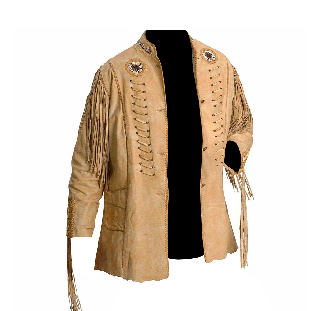 Western Beige Fringe Beaded Jacket Leather LWJ109