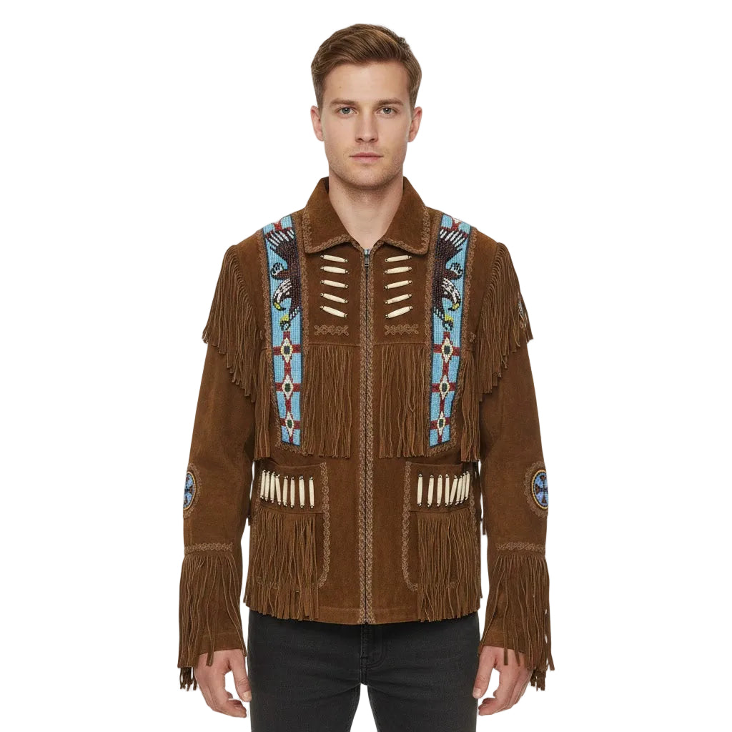 Man wearing a brown fringed jacket with decorative elements on a white background
