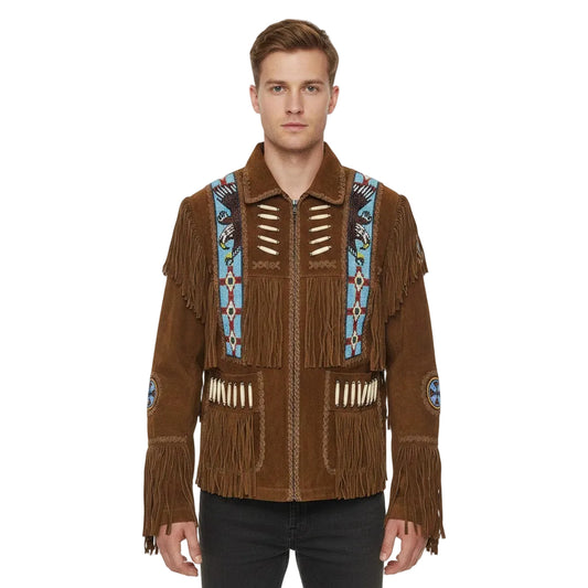 Man wearing a brown fringed jacket with decorative elements on a white background