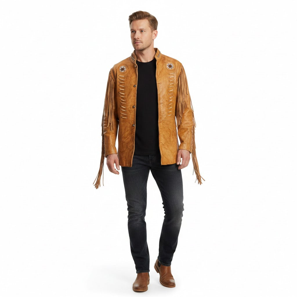 Man wearing a brown fringed leather jacket on a white background