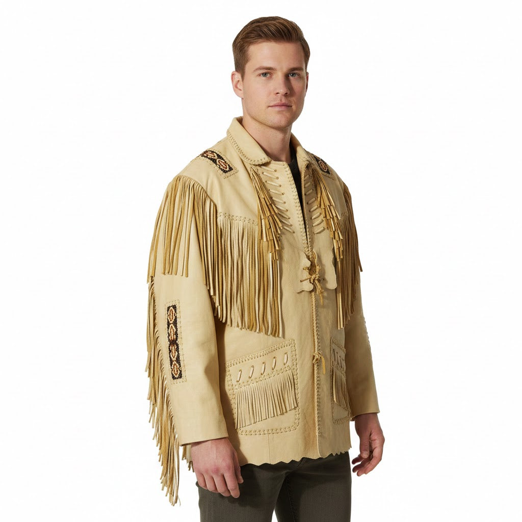 Man wearing a beige fringed jacket on a white background