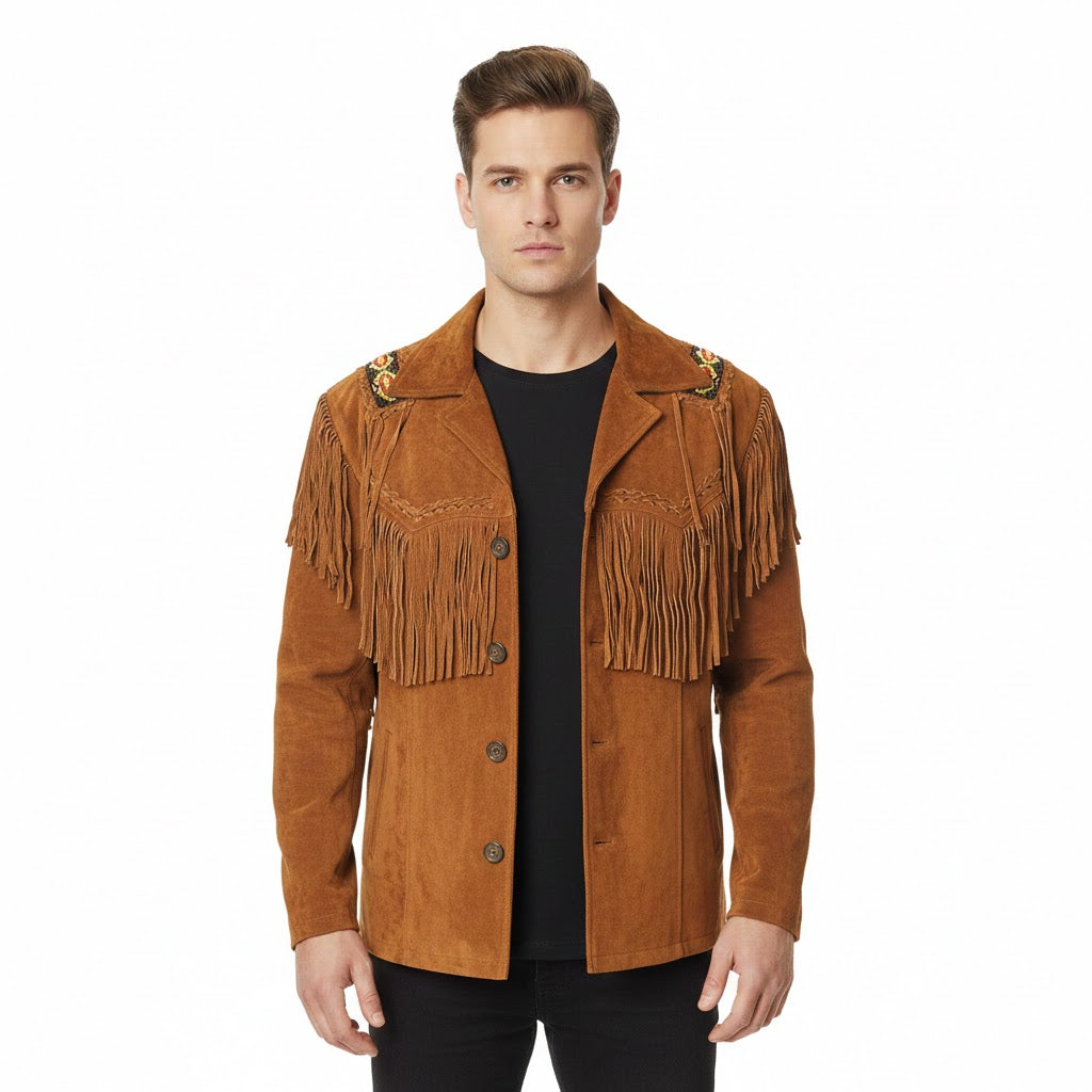 Man wearing a brown suede jacket with fringe details on a white background