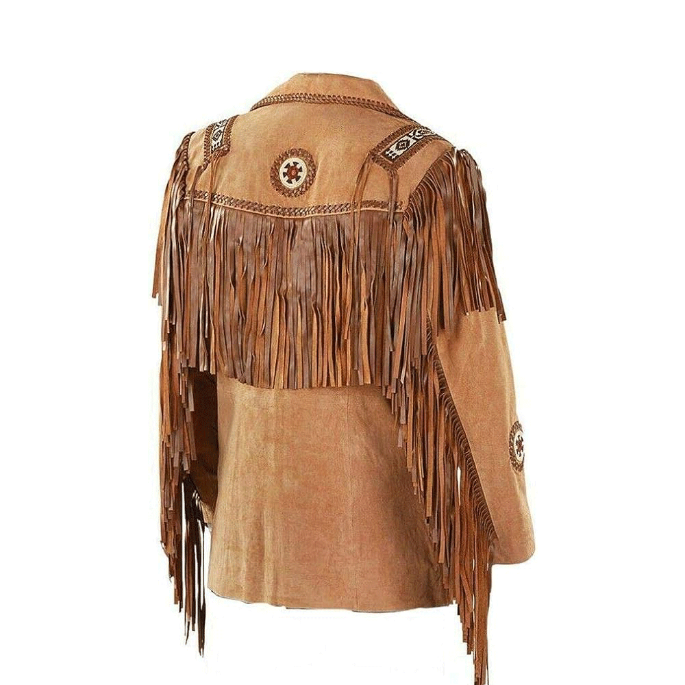 Western Brown Suede Leather Fringe Beaded Jacket LWJ1400