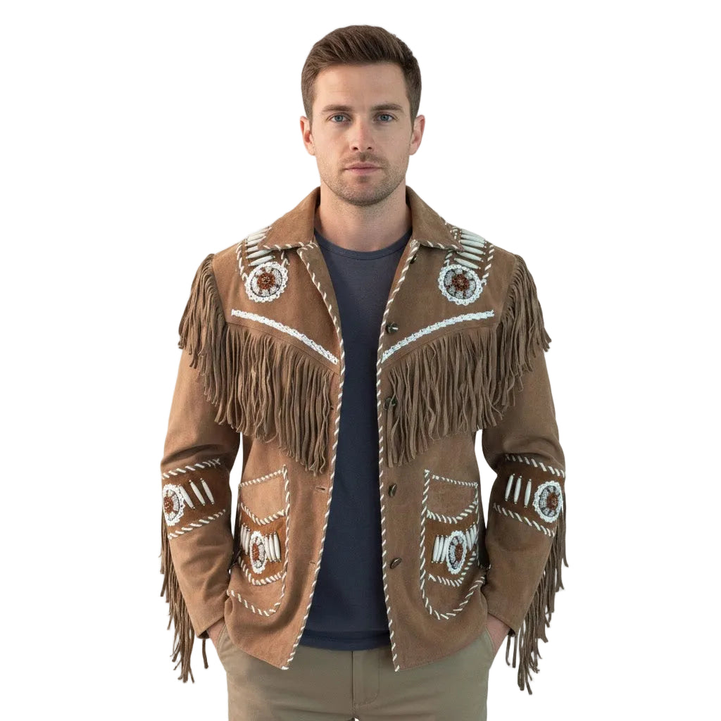 Man wearing a brown fringed jacket with decorative patterns on a white background