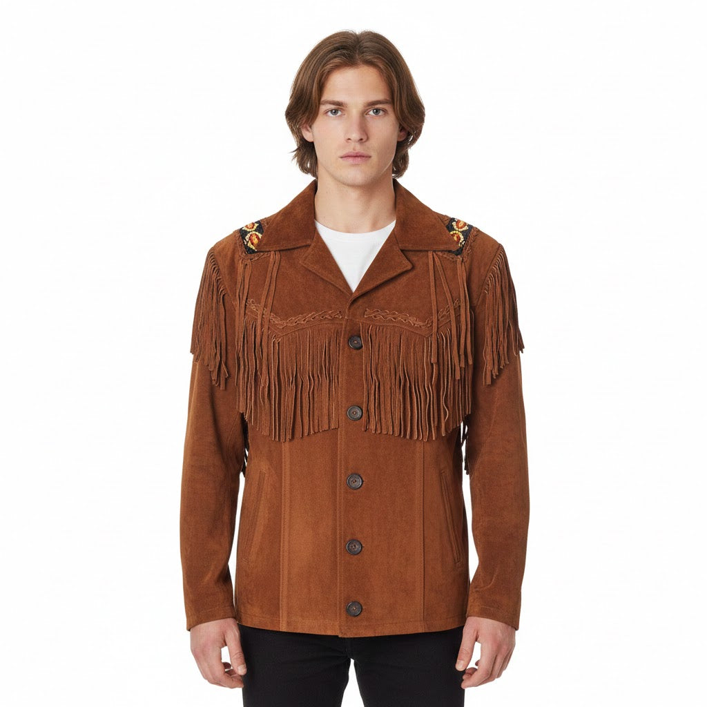Man wearing a brown fringed jacket on a white background