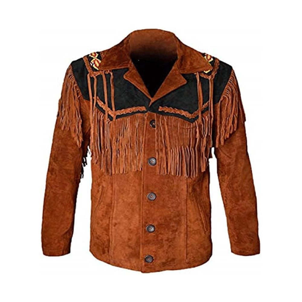 Western Brown Suede Leather Fringe Beaded Jacket Cowboy Jacket LWJ1480