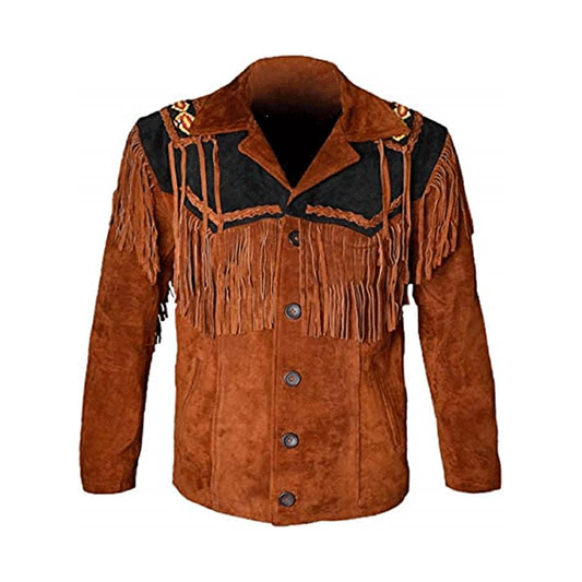 Western Brown Suede Leather Fringe Beaded Jacket Cowboy Jacket LWJ1480