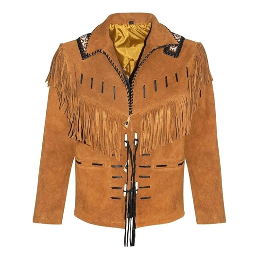 Western Brown Suede Leather Fringe Beaded Jacket Cowboy Jacket LWJ2100