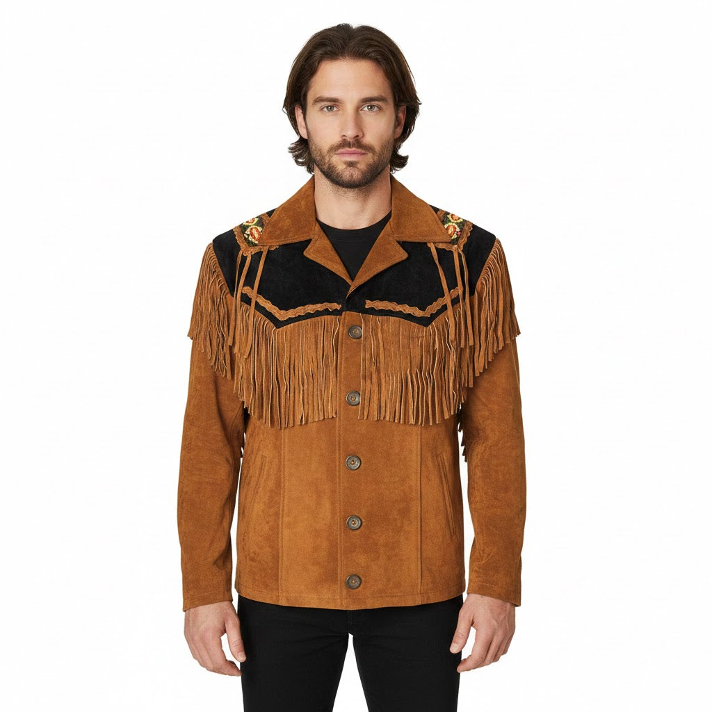 Man wearing a brown suede jacket with fringes on a white background