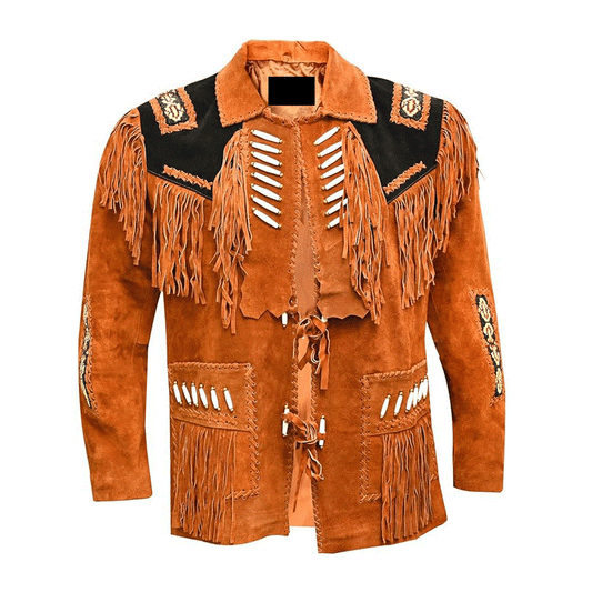 Western Brown Suede Leather Fringe Beaded Jacket Cowboy Jacket LWJ1560
