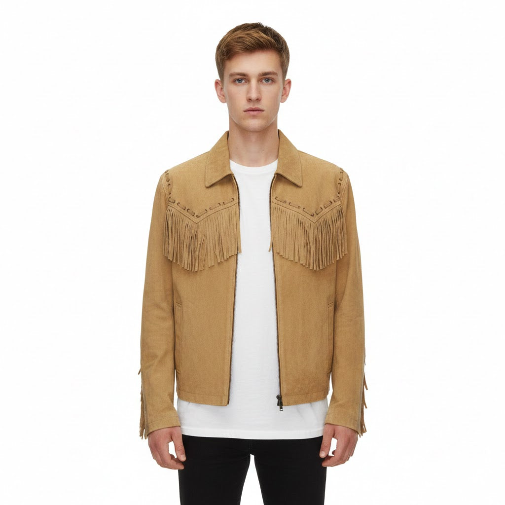 Man wearing a tan fringed jacket on a white background