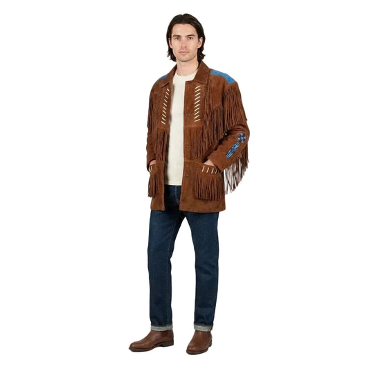 A man wear a brown suede fringed jacket with bead work showing on white background