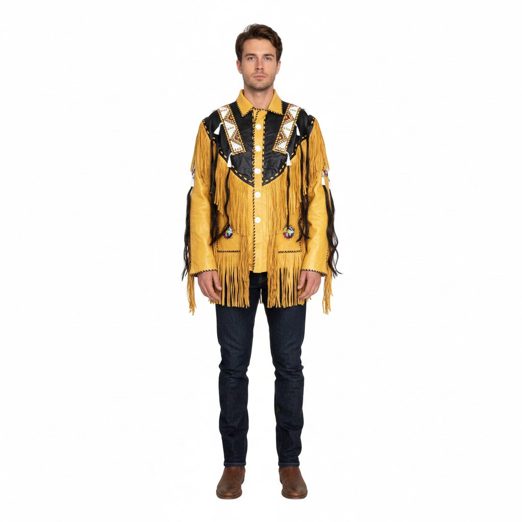 Man wearing a yellow fringed jacket with black accents on a white background