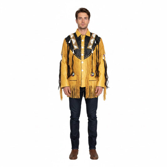 Man wearing a yellow fringed jacket with black accents on a white background