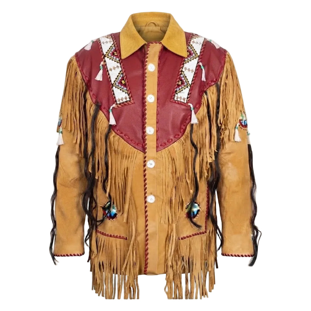 A brown leather fringed jacket with a deep red yoke, white and red geometric bead work, and turquoise accents, shown against a plain white background.