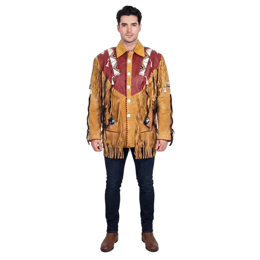 A man modeling a brown leather fringed jacket with red and white western-style embroidery, paired with dark jeans and brown boots, against a plain white background.