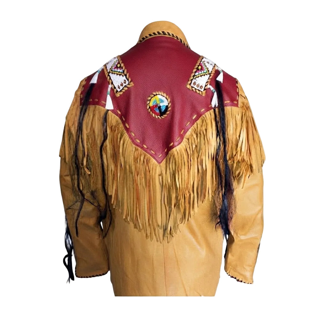 A brown leather fringed jacket shown from the back on a mannequin, featuring a burgundy leather yoke with geometric bead work, a central circular emblem, and long black fringe hanging from the shoulders.