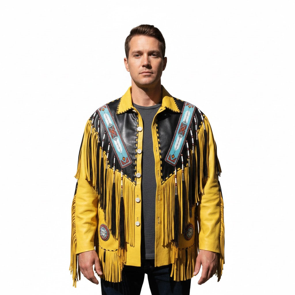 Man wearing a yellow fringed leather jacket with decorative elements on a white background