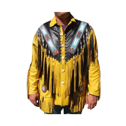 Western Yellow Fringe Beaded Leather Jacket Cowboy Jacket LWJ8780