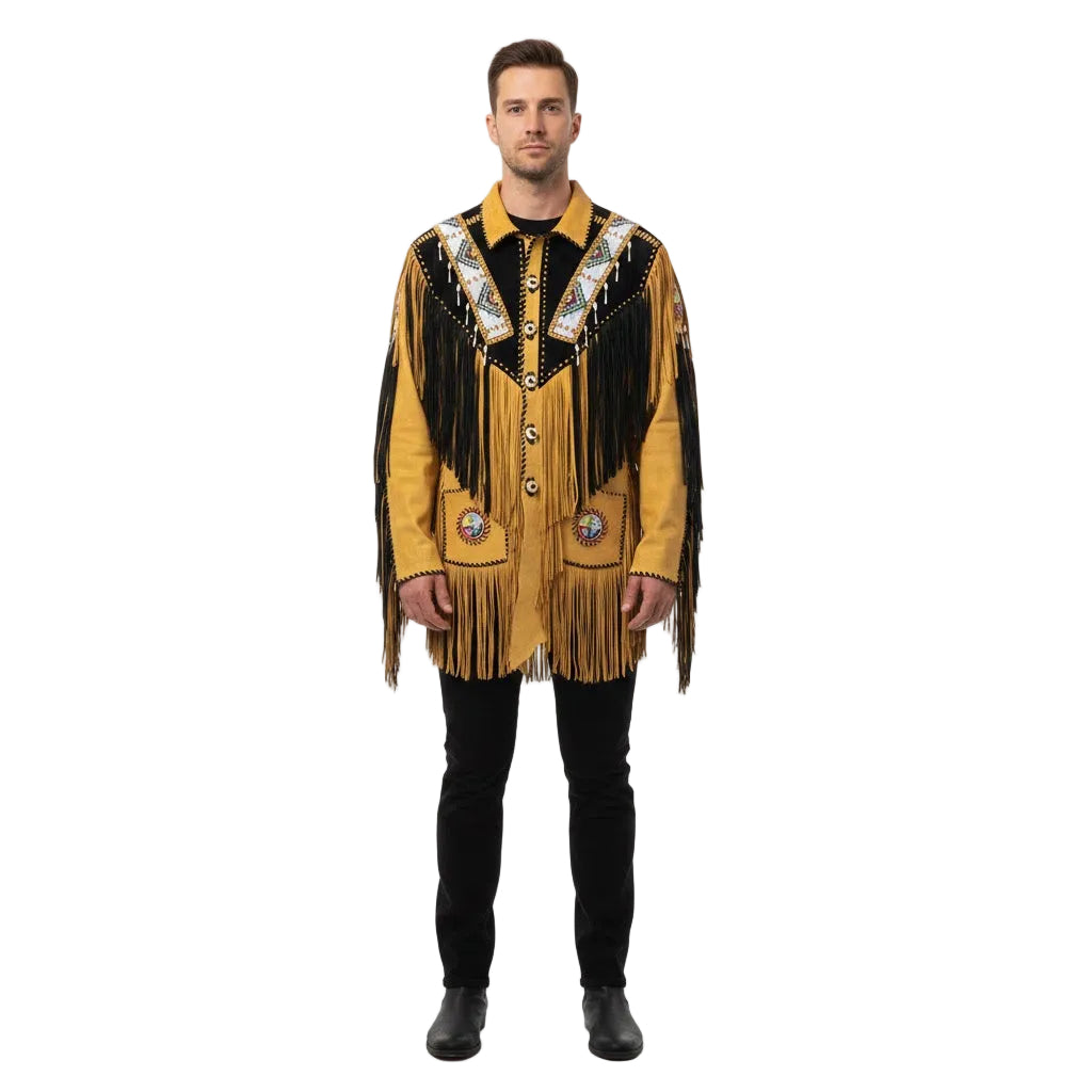 Man wearing a yellow fringed jacket with decorative elements on a white background