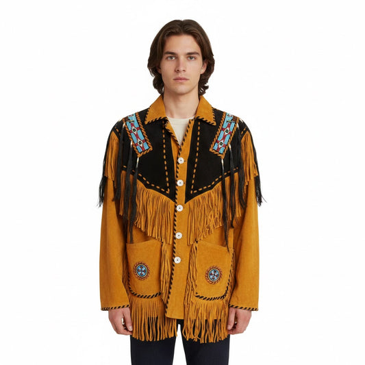 Man wearing a traditional western-style jacket with fringes and embroidery on a white background