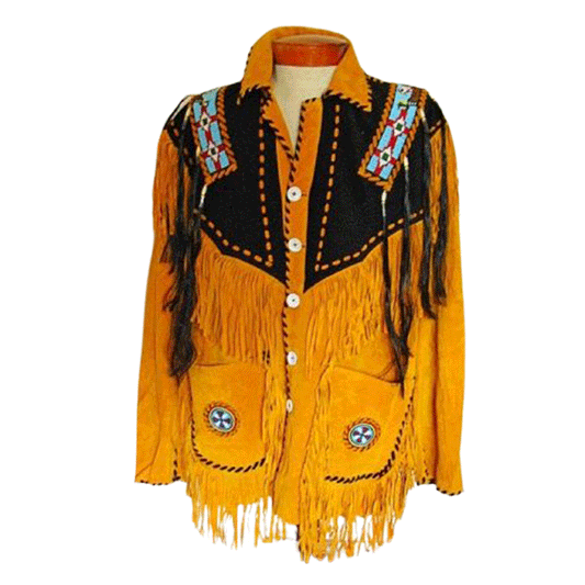 Western Yellow Fringe Beaded Suede Leather Jacket Cowboy Jacket LWJ8800