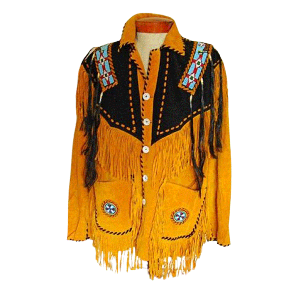 Western Yellow Fringe Beaded Suede Leather Jacket Cowboy Jacket LWJ8800