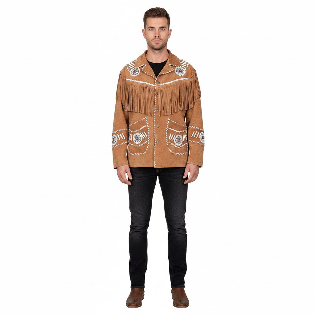 Man wearing a brown fringed jacket with white patterns on a white background