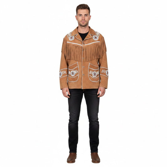 Man wearing a brown fringed jacket with white patterns on a white background