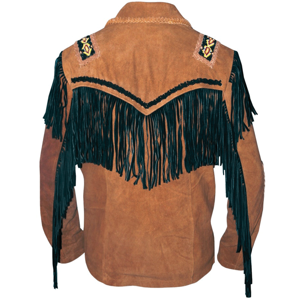 A brown suede leather jacket with fringes against a white background