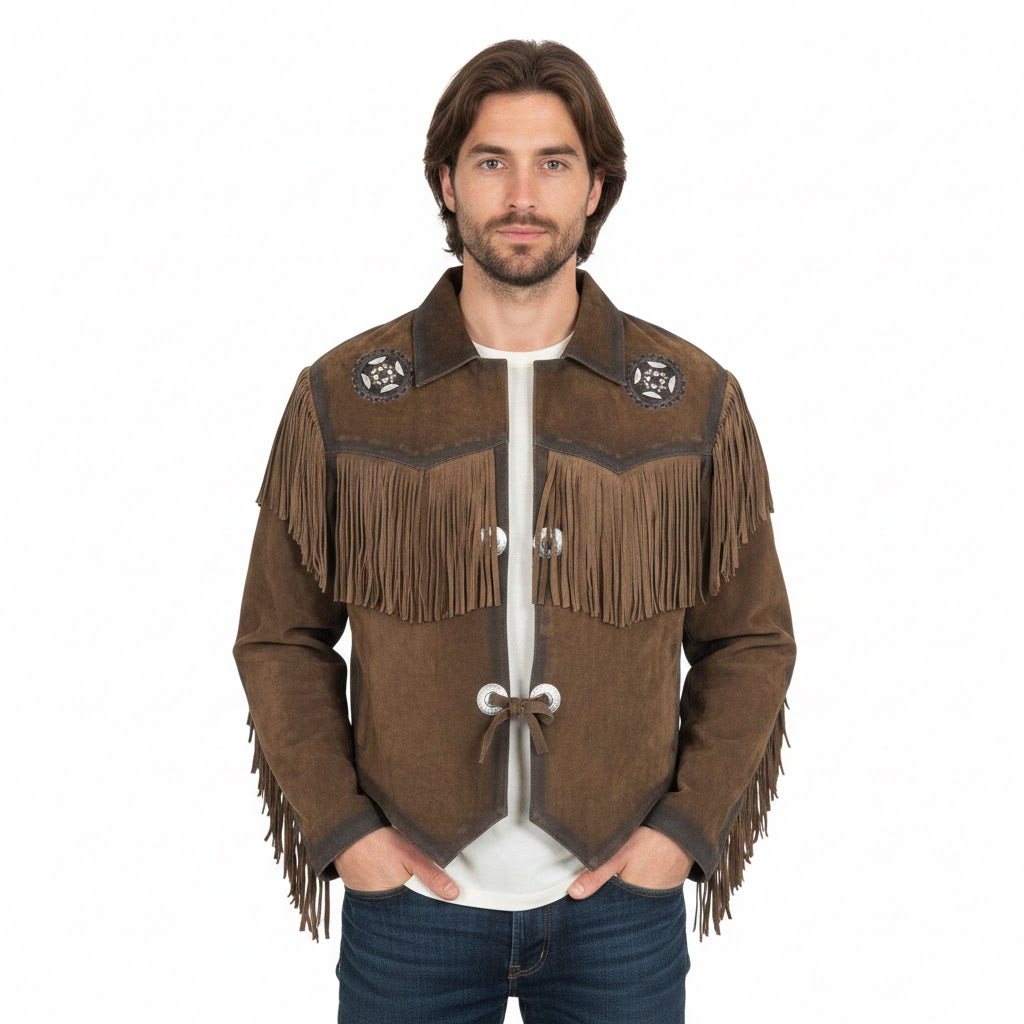 Man wearing a brown fringed jacket on a white background