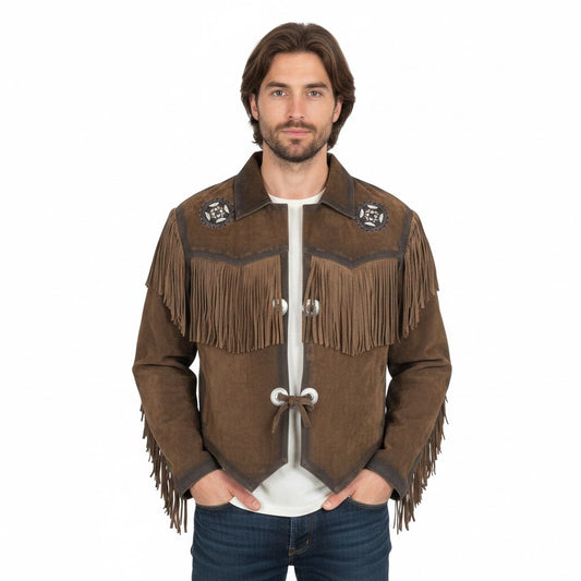 Man wearing a brown fringed jacket on a white background