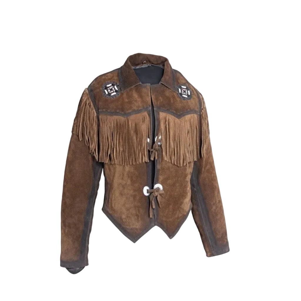 A brown suede fringe jacket with dark brown contrast stitching, decorative embroidered patches on the shoulders, and white cowhide snap closures at the front, displayed on a solid white background.