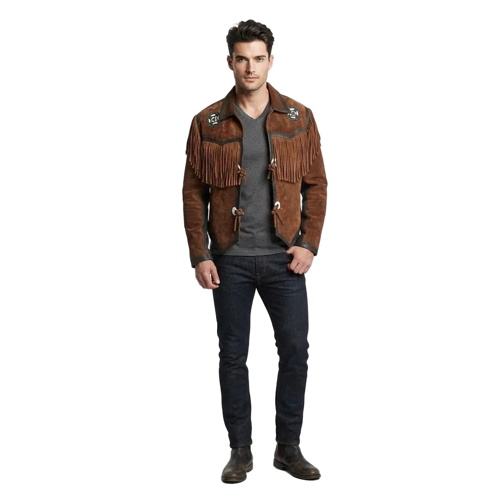 A man modeling a brown suede fringe jacket with western-style embroidery, worn over a gray t-shirt and dark jeans, against a plain white studio background.
