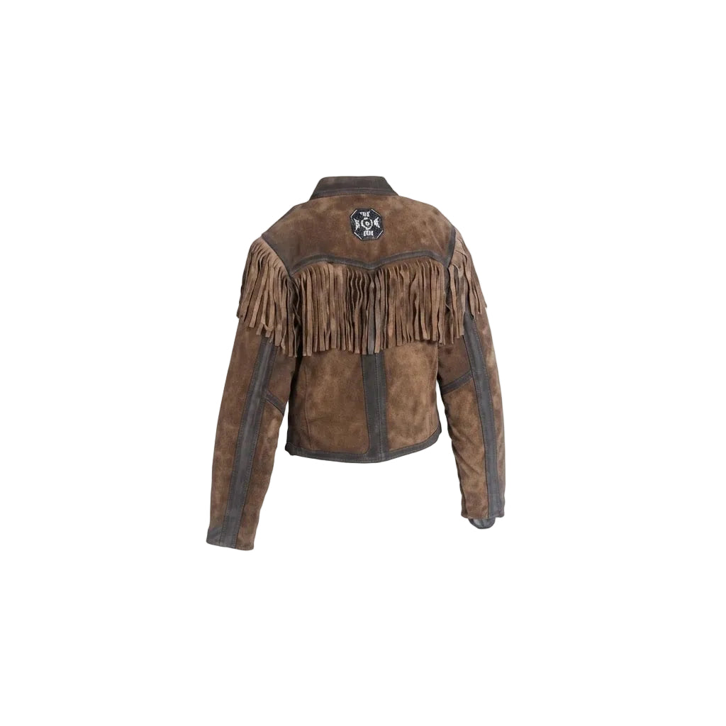 A brown suede western-style jacket with dark brown leather trim and fringe detailing across the back, shown from the rear on a plain white background.