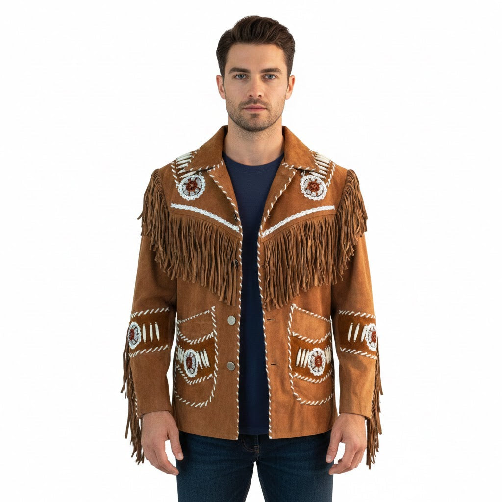 Man wearing a brown fringed jacket with decorative patterns on a white background