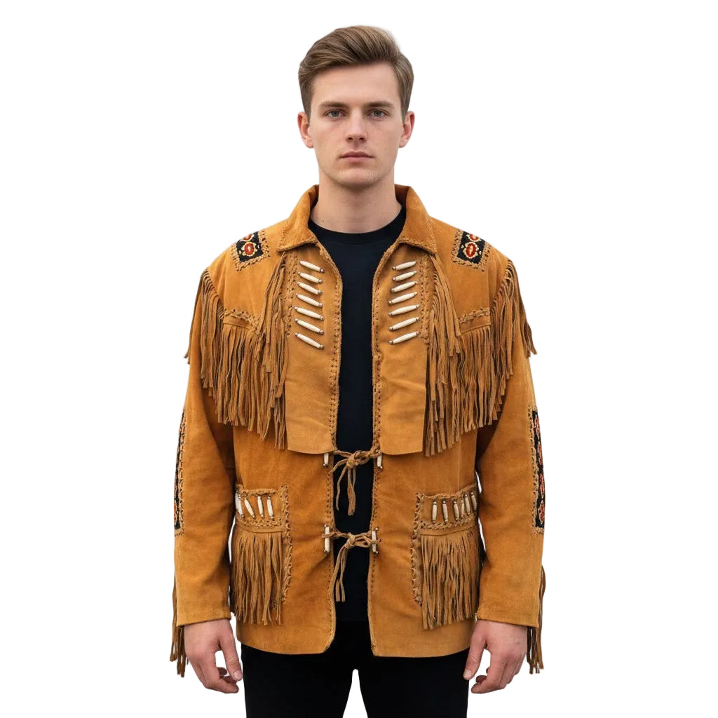 Man wearing a tan suede jacket with fringe and embroidery on a white background