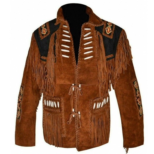 Western Brown Suede Leather Fringe Beaded Jacket Cowboy Jacket LWJ1670
