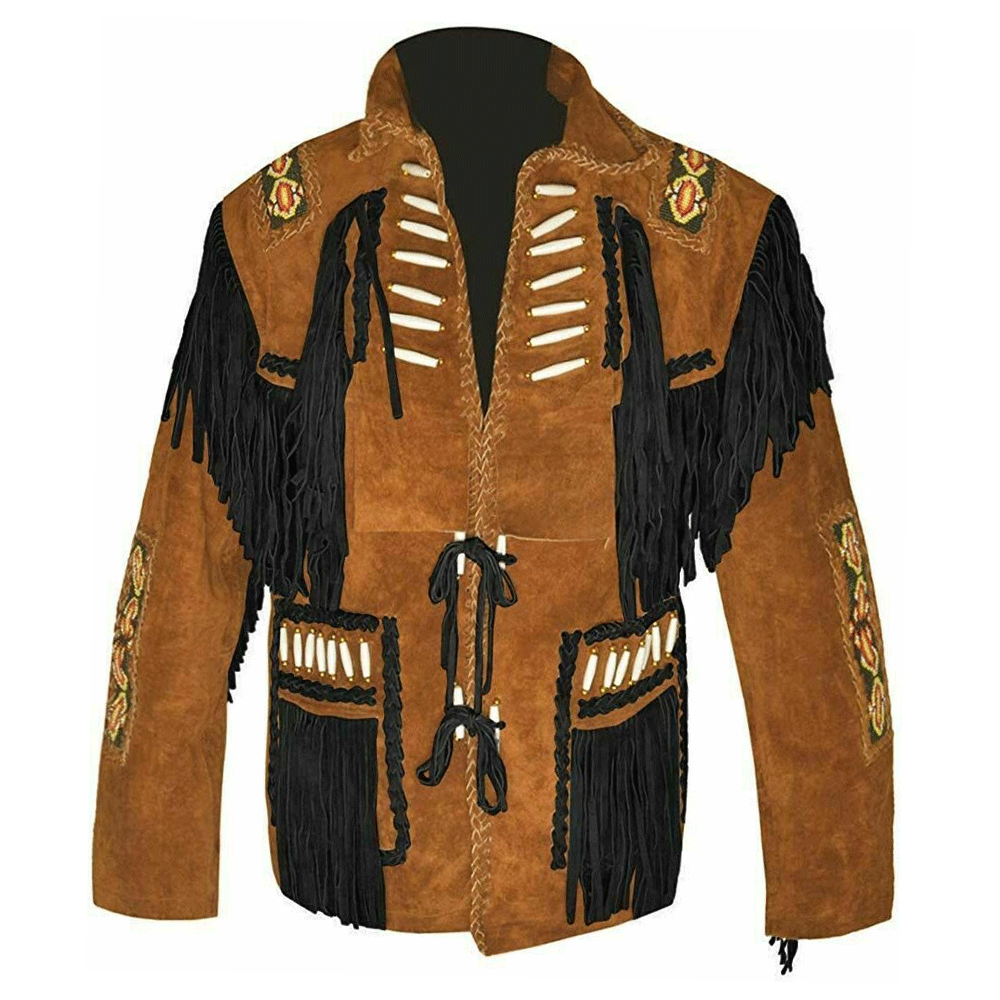 Western Brown Suede Leather Fringe Beaded Jacket Cowboy Jacket LWJ1680
