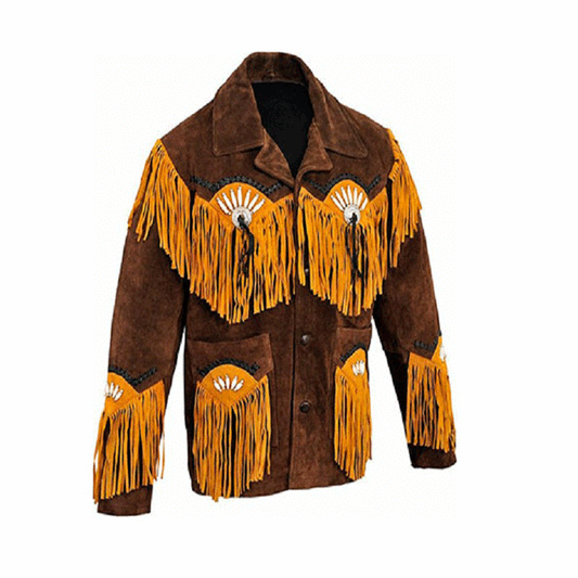 Western Brown Suede Leather Fringe Beaded Jacket Cowboy Jacket LWJ1690