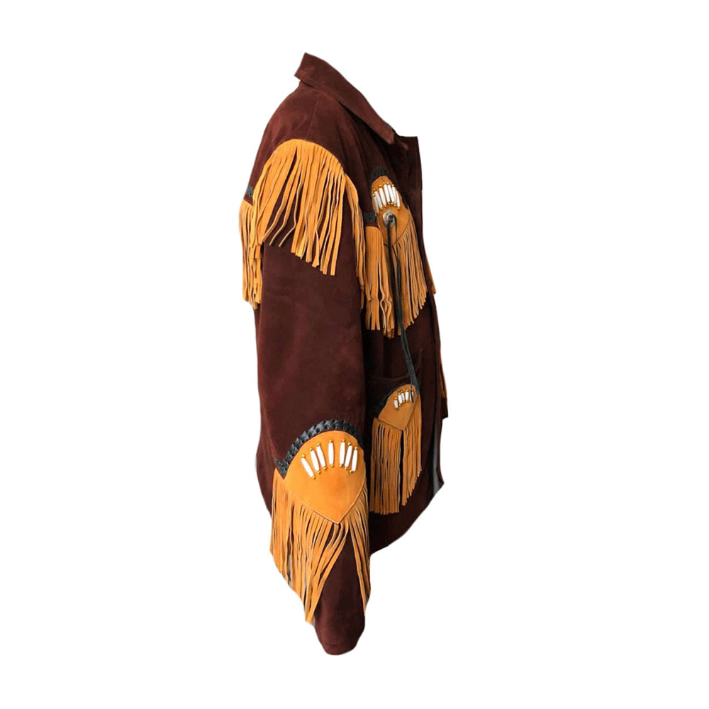 Western Brown Suede Leather Fringe Beaded Jacket Cowboy Jacket LWJ1690