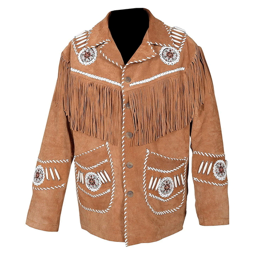 Western Brown Suede Leather Fringe Beaded Jacket Cowboy Jacket LWJ1710